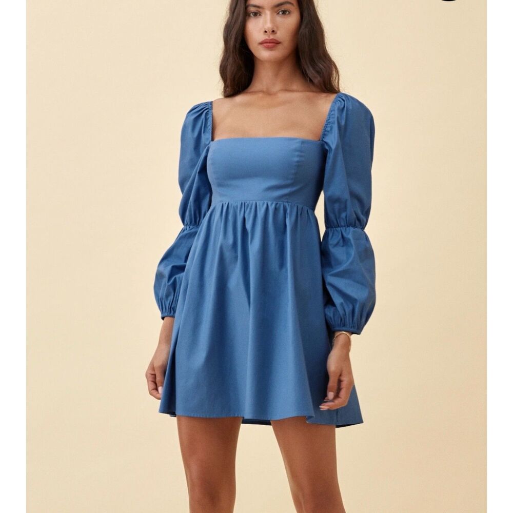 Reformation Michaela Babydoll Mini Dress 6 Gathered Puff Sleeves Denim Blue